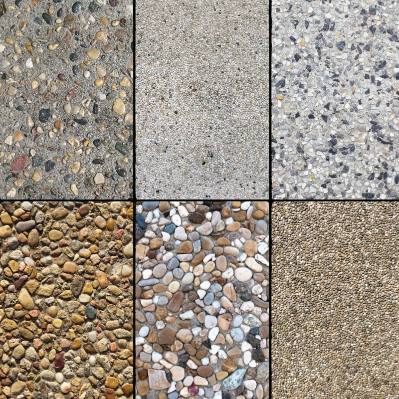 Exposed aggregate concrete stone blends in light and dark tones
